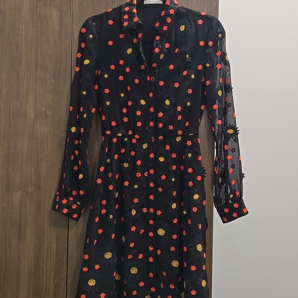 Alice + Olivia-"Enid" Floral Embroidered Appliqué Shirt Dress Black-Size XS - Picture 5 of 17